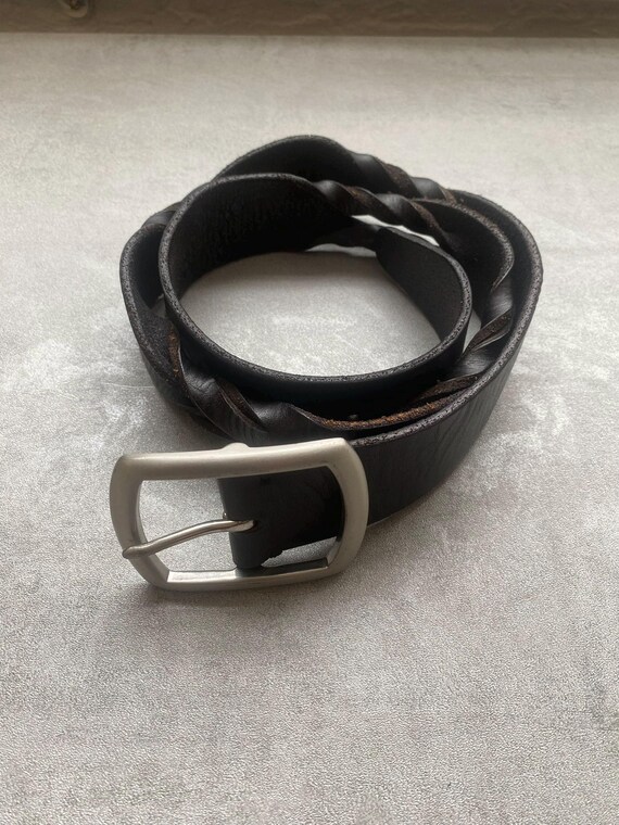 Vintage Black Braided Leather Belt: 90s Silver Buckle, Made 