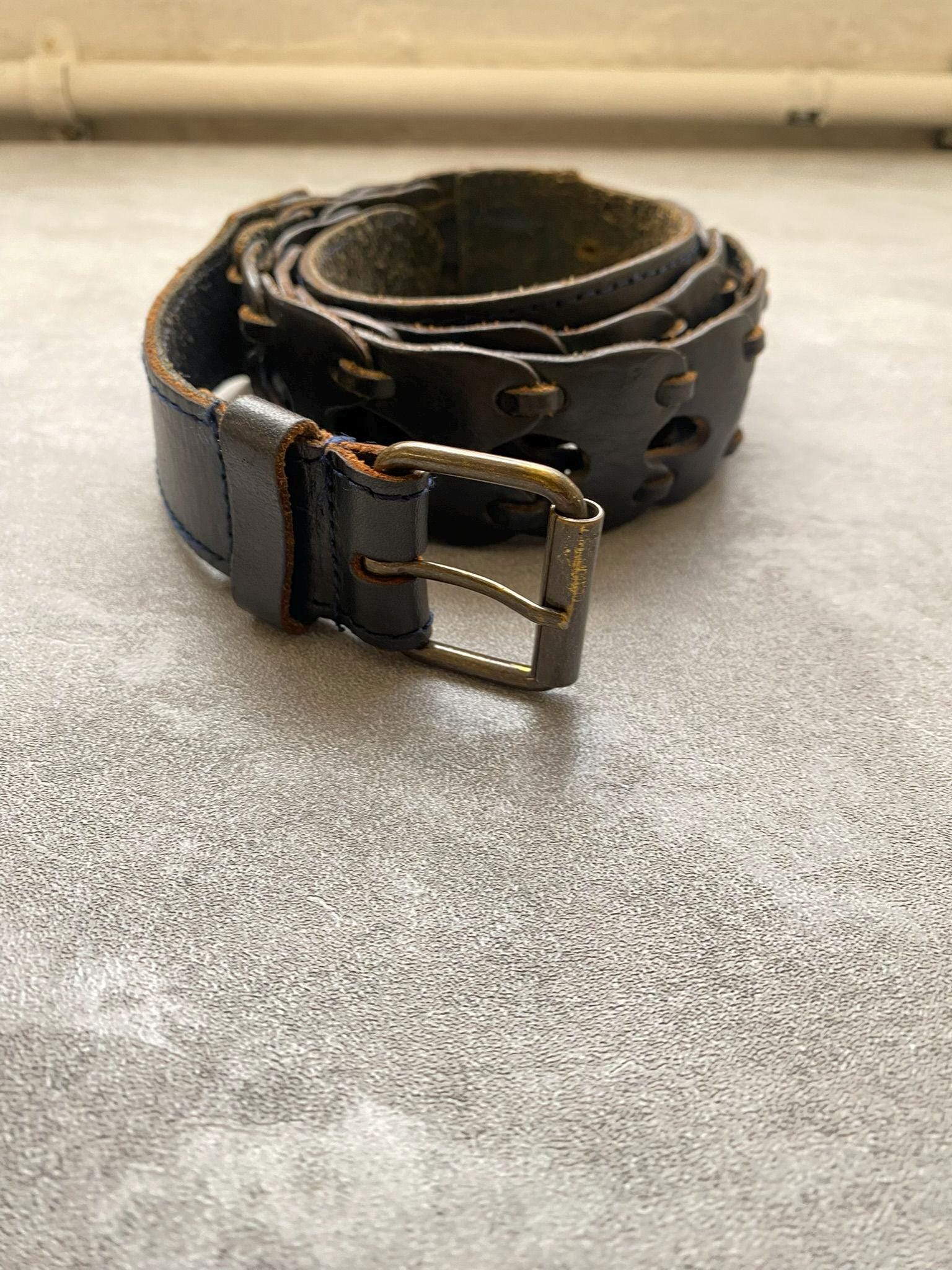 Genuine Leather Belt Black size Medium‎ USA Twisted Buckle Brasstone Vtg Western Men main image 2