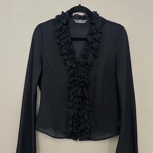 Sheer Black Blouse Vintage 1990s Long Sleeve Shirt Ruffle Collar Flowy Sleeve 90s Top