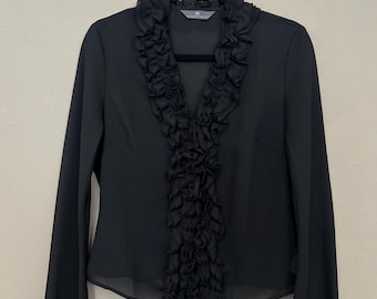 Sheer Black Blouse Vintage 1990s Long Sleeve Shirt Ruffle Collar Flowy Sleeve 90s Top