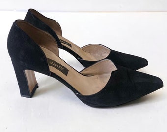 Vintage Bally Heels Black Suede Point Toe Designer Kitten Heels Size UK 6.5