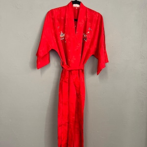Kimono Robe Vintage 1980s Embroidered Chinese Style Dressing Gown