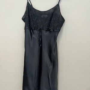 Black Slip Dress Sheer Embroidered Satin Strappy Mini Dress UK 10-12