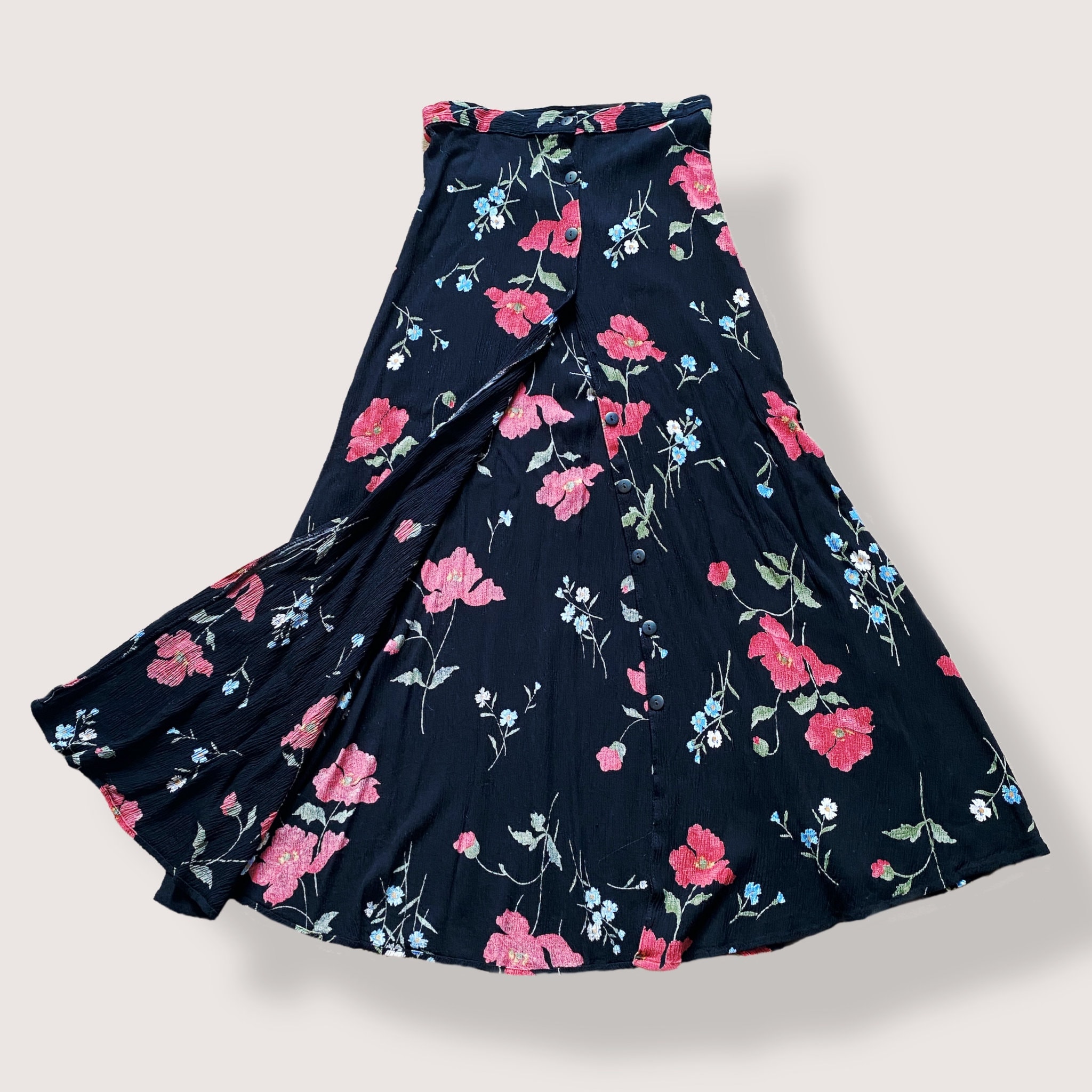 Floral Skirt Vintage 90s Maxi Skirt Summer Dark Floral Print Button ...