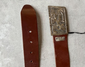 Cinturón vintage de cuero marrón Aridza Bross Paris con hebilla metálica escultural XXS