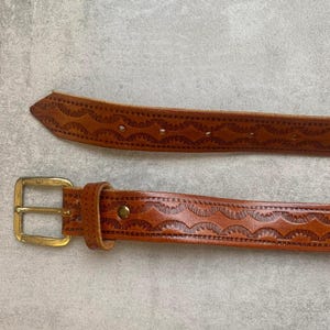 Vintage Tooled Tan Leather Belt Brass Buckle Size XL