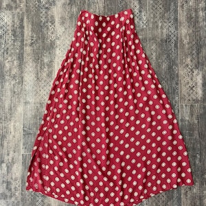 Printed Midi Skirt Vintage 80s Burgundy Long Flowy Elastic Waist Skirt M/L