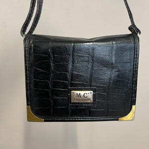 Vintage Crossbody Bag Black Faux Croc Shoulder Bag Marc Chantal