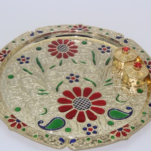 Acrylic Decorative Big Pooja Thali 10 inches Pooja plate with haldi kumkum holder, Diwali Pooja thali, return gift for pooja