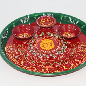 Pooja thali with diya and a small bowl for puja, aarti thali, pooja thali, temple decoration diya,  puja thali, Indian return gift, Ganesha