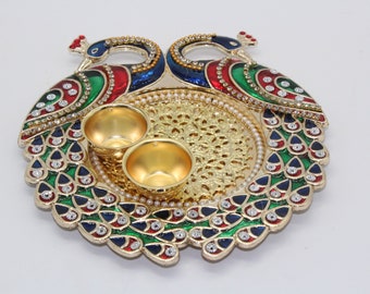 Acrylic Decorated Thali, Peacock embodied Tilak Thali, Diwali Pooja, Indian Return gift, Diwali gift,Indian wedding gift, housewarming gift