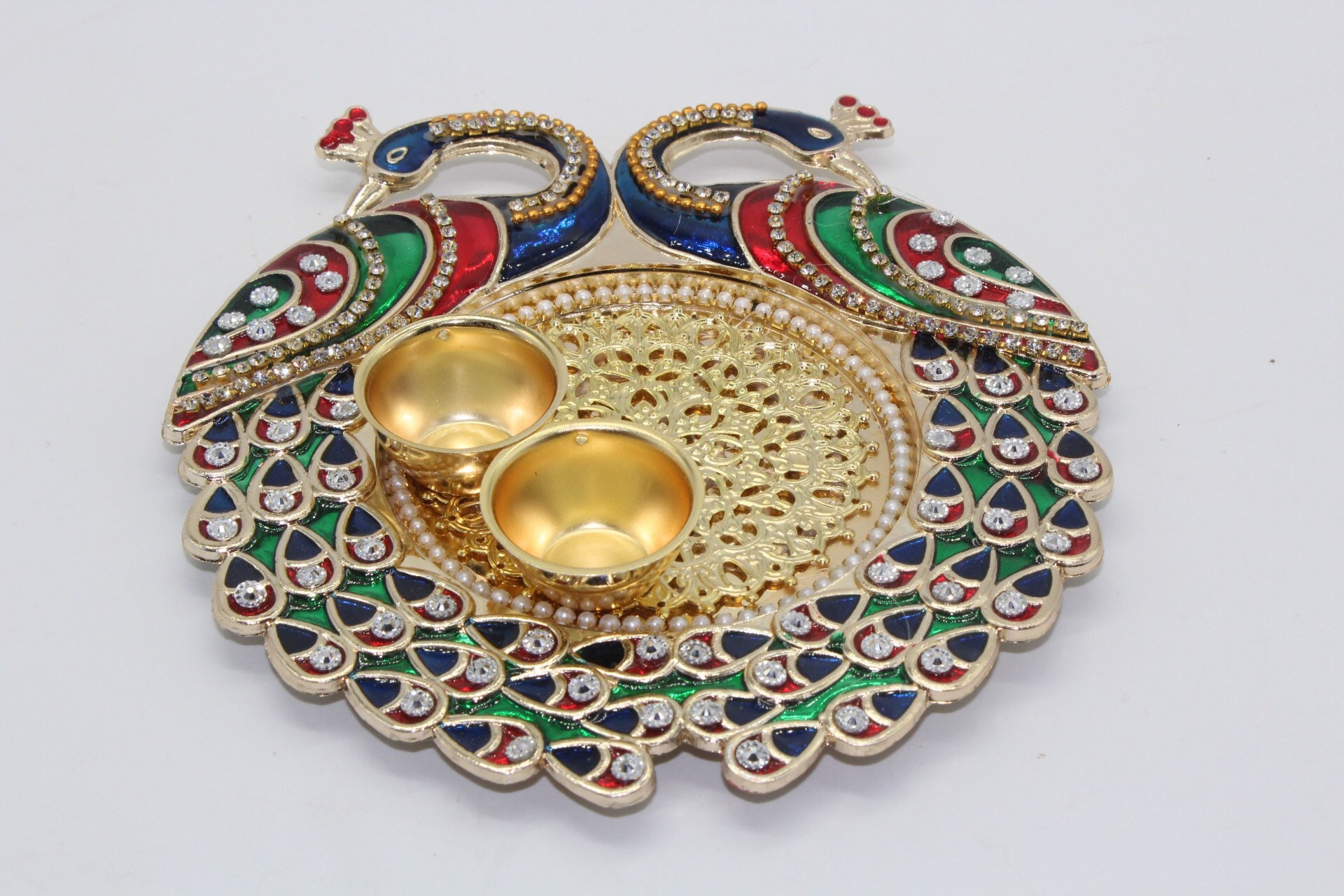 Acrylic Decorated Thali, Peacock embodied Tilak Thali, Diwali Pooja,Indian Return gift, Diwali gift, Indian wedding gift,housewarming gift.