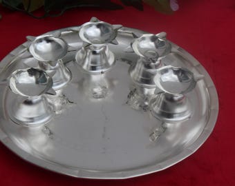 German White silver metal 5 diya  thali, aarati thali, Diwali gifts, pooja return gift, Navratri return gift, pooja items,  silver deepam