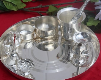 German White silver metal pooja thali set, Home/Temple/Mandir, Decorative Pooja Plate Set for Diwali Poojan, Karwa Chauth
