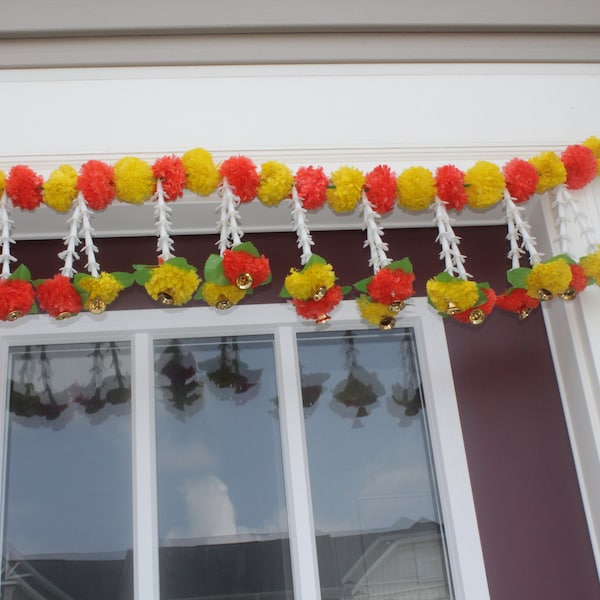 marigold flower with white hanging , marigold flower toran , backdrop for pooja , toran for door hanging , Toran , wall decoration ,