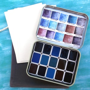 SCHMINCKE HORADAM Deep Sea Glacier Galaxy Super Granulating Watercolor Quarter Pan Set in Mint Tin with ACEO Cards and Pouch