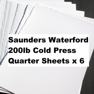 May include: A stack of six white Saunders Waterford 200lb Cold Press quarter sheets of paper.