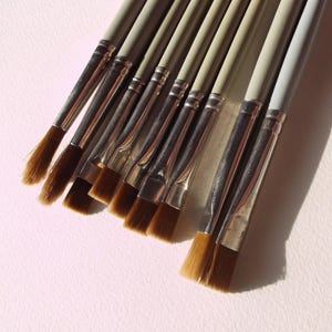 May include: A set of nine paint brushes with brown bristles and silver metal ferrules. The brushes are arranged in a row, with the largest brush on the left and the smallest brush on the right.