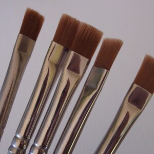 May include: Five flat paint brushes with silver metal handles and brown bristles.