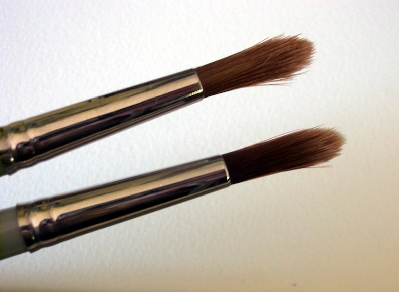 May include: Two paint brushes with silver handles and brown bristles. The brushes are different sizes.