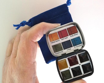 MAIMERI BLU Watercolor 6 Cube Quarter Pan Steve Mitchell Set 1 of Landscape Colors in Reusable Miniature Travel Tin with Pouch as Sample Set