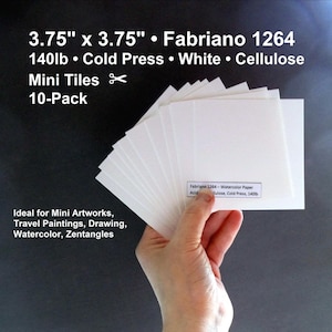 May include: A 10-pack of white Fabriano 1264 cold press cellulose watercolor paper mini tiles measuring 3.75 inches by 3.75 inches and 140lb weight. The text on the image reads 3.75 x 3.75, Fabriano 1264, 140lb, Cold Press, White, Cellulose, Mini Tiles, 10-Pack.