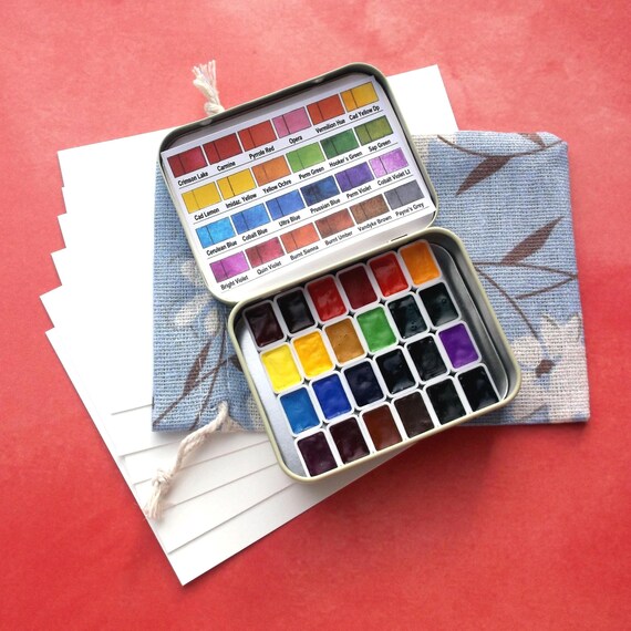 HOLBEIN Japan Botanical Floral Watercolor Set 24 Mini Pans in Mint Tin Travel Palette with Carrying Pouch and Fabriano Artistico Postcards