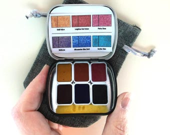 A. GALLO Watercolors Quarter Pan Set in Small Hinged Tin with Mini Travel Carrying Pouch as Sample Trial Pans with Notturno and Harbor Blue
