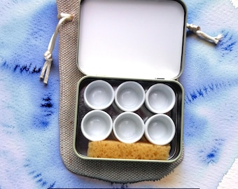 6 Porcelain Half Pans in Mint Tin Watercolor Palette with Travel Pouch