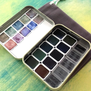 SCHMINCKE HORADAM Forest and Tundra Super Granulating Watercolor 10 Color Quarter Pan Set of Granulation Earth Tones in Mint Tin and Pouch