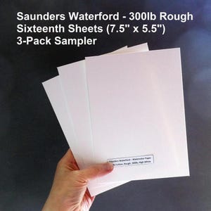 May include: A 3-pack sampler of Saunders Waterford watercolor paper. The white sheets measure 7.5" x 5.5" and are 300lb rough. The text on the image reads "Saunders Waterford - 300lb Rough Sixteenth Sheets (7.5" x 5.5") 3-Pack Sampler."