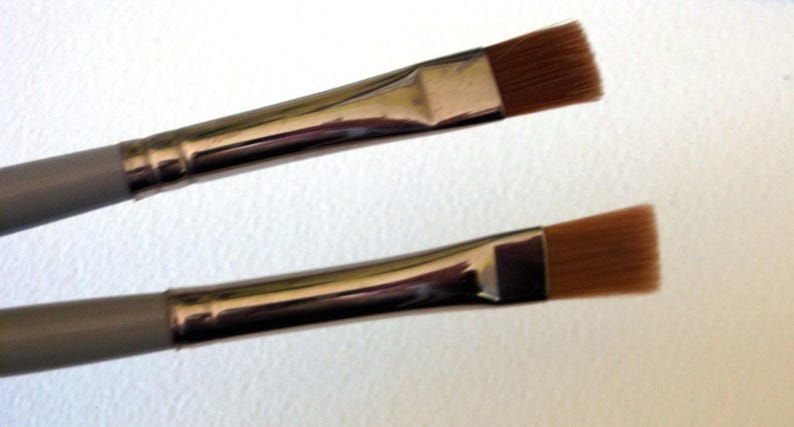 May include: Two flat makeup brushes with silver handles and brown bristles. The brushes are different sizes.