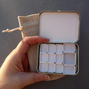 MINT TIN with Empty 1.6ml Small Half Pans, 2.5ml Small Gansai Pans, and a Porcelain Ceramic Square Full Pan as Watercolor Palette with Pouch