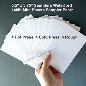 May include: A sampler pack of Saunders Waterford 140lb mini sheets. The pack includes 12 sheets, each measuring 5.5" x 3.75". The pack contains 4 Hot Press, 4 Cold Press, and 4 Rough sheets. The text "Saunders Waterford" is visible.