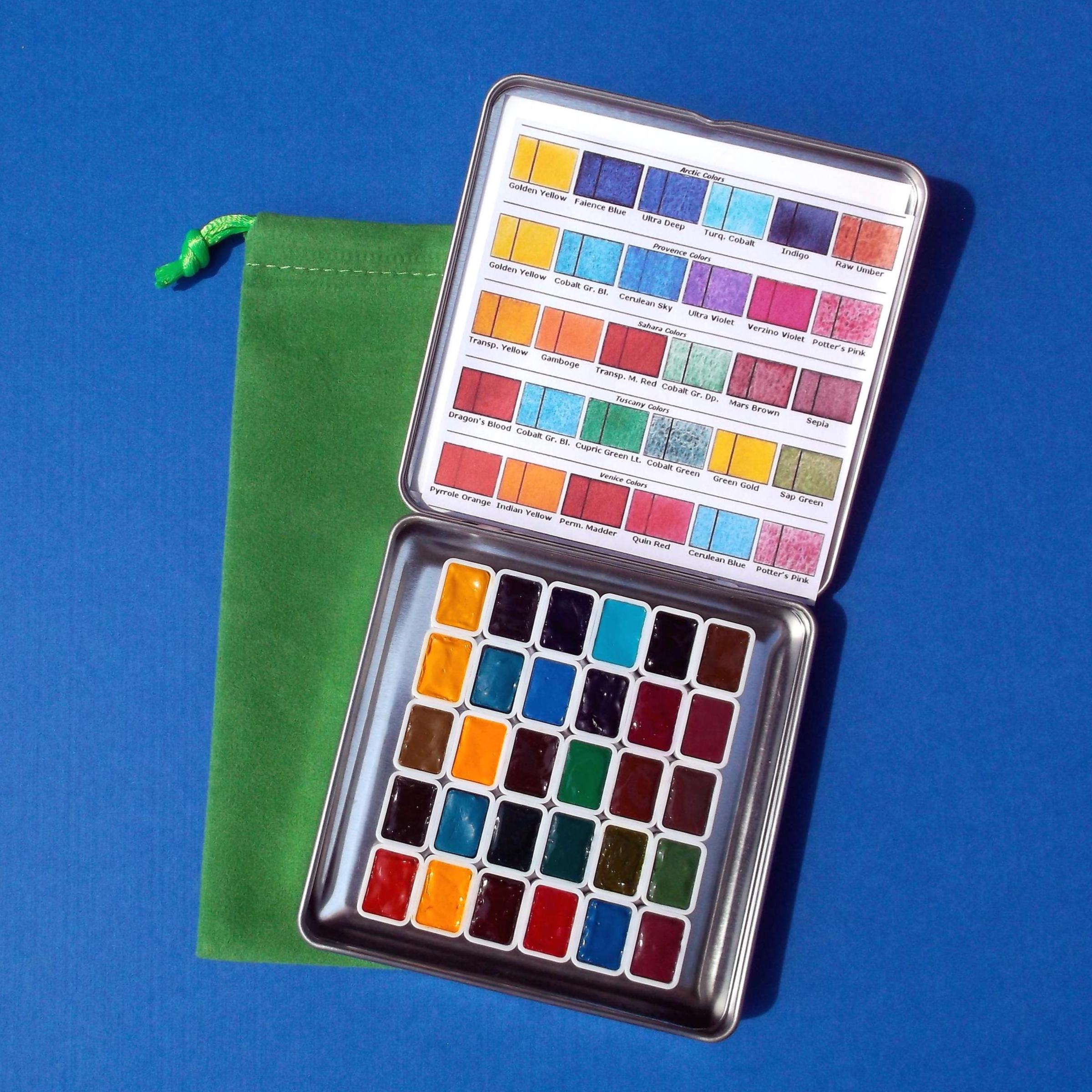 MAIMERI BLU Watercolor 30 Colors Metal Tin Set with Mini Pans of Themed Landscape Nature Colors with Arctic Provence Sahara Tuscany Venice