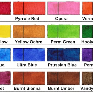 Puede incluir: Una carta de colores con muestras de pintura de acuarela. La carta muestra una gama de tonos, incluyendo rojos, amarillos, azules, verdes y marrones. Cada color est&aacute; etiquetado con su nombre, como "Crimson Lake" y "Cobalt Blue."