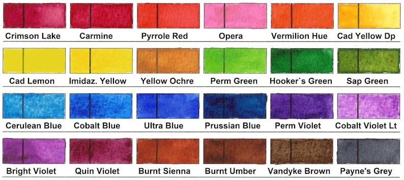 Puede incluir: Una carta de colores con muestras de pintura de acuarela. La carta muestra una gama de tonos, incluyendo rojos, amarillos, azules, verdes y marrones. Cada color est&aacute; etiquetado con su nombre, como "Crimson Lake" y "Cobalt Blue."
