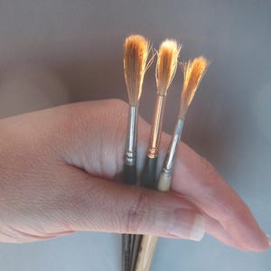 May include: A collection of three paint brushes with natural-colored bristles and silver and black handles. The brushes are held in a hand, with the bristles illuminated by light. The brushes are for painting and art projects.