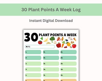 30 Plant Points A Week | Food Weekly Tracker | Digital Download | Fruit and Vegetable Food Log | Gut Health | A4 PDF