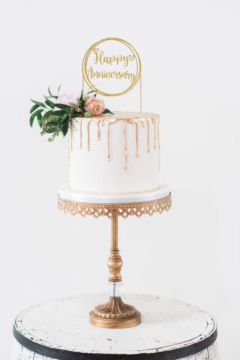 Happy Anniversary Circular Glitter Cake Topper, Delicate Cake Topper,…
