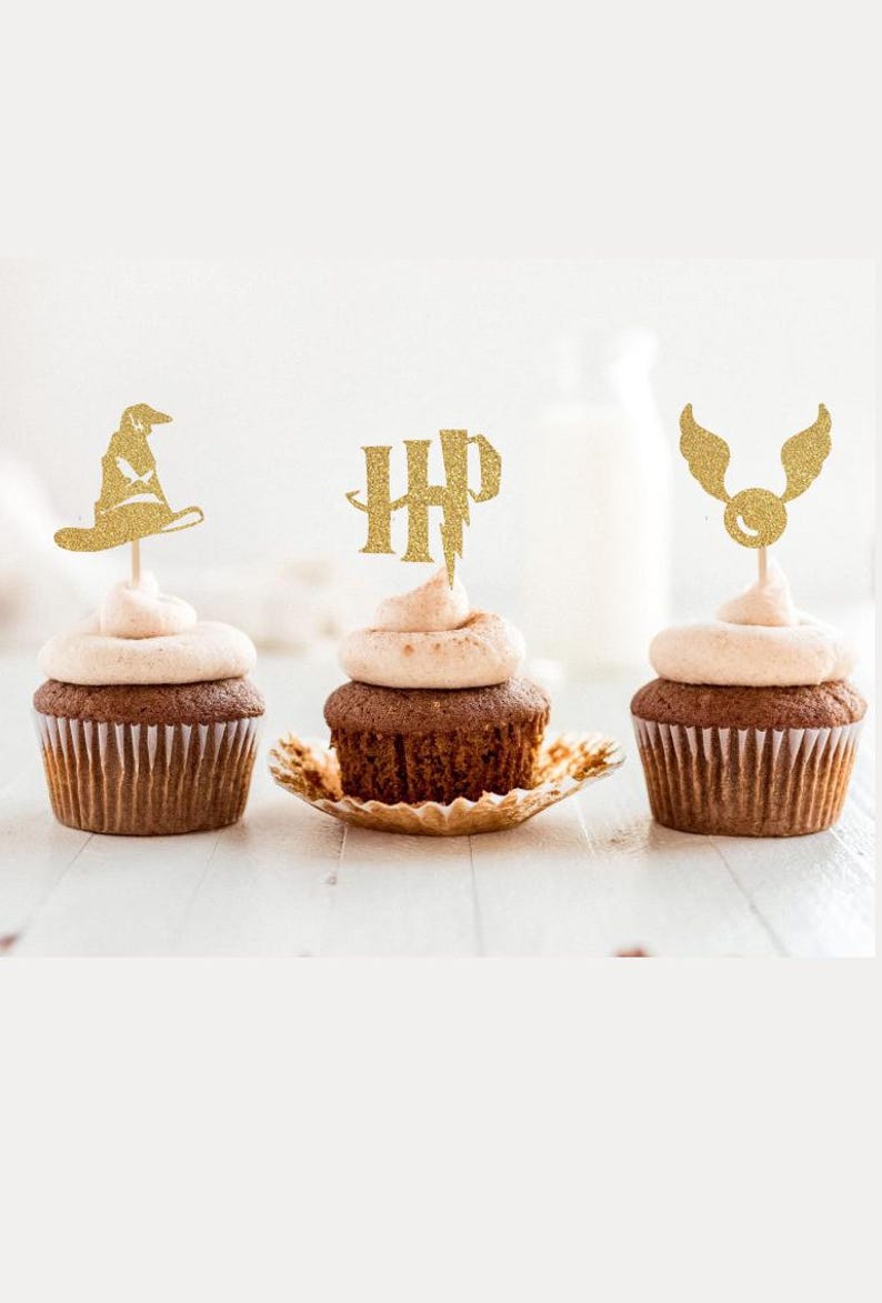 Harry Potter Cupcake Toppers | Snitch, Sorting Hat, Wizard, Hogwarts | Harry Potter Cake Topper image 1