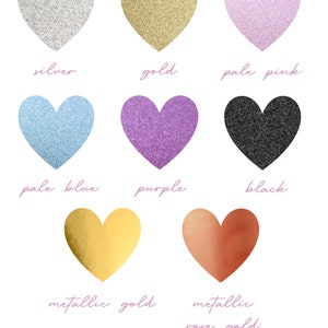 May include: Image showcasing nine heart-shaped color options: silver, gold, pale pink, pale blue, purple, black, metallic gold, and metallic rose gold. The text "Colour Options" is at the top, with the "London Cake Supplies" logo at the bottom.