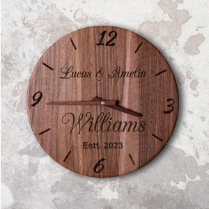 Family name clock, Personalized wooden clock for couple, 1st anniversary gift, Wedding anniversary gift for husband and wife