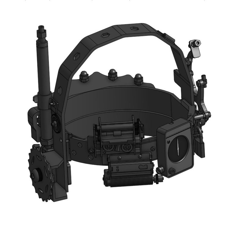 K&ouml;nnte beinhalten: Ein schwarzes und graues 3D-Modell eines Helms mit verschiedenen Zahnr&auml;dern und Mechanismen. Der Helm hat einen gro&szlig;en, runden Rahmen mit einem kleineren, runden Rahmen im Inneren. Der Helm hat auch eine Reihe weiterer Merkmale, darunter einen kleinen, rechteckigen Bildschirm und eine lange, d&uuml;nne Antenne.