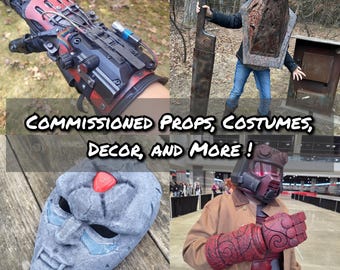 Könnte beinhalten: Eine Collage von Cosplay-Requisiten und -Kostümen. Gezeigt werden ein rot-schwarzer Roboter-Handschuh, ein Pyramid Head-Helm, eine Steinmaske mit rotem Edelstein und ein roter Handschuh mit Wirbeldesign. Der Text lautet: "COMMISSIONED PROPS, COSTUMES, DECOR, AND MORE!"