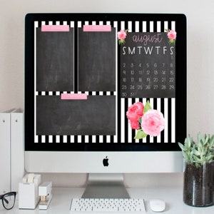 May include: A desktop computer displays a black and white striped background with a chalkboard design. The screen features a calendar for August, pink floral accents, and three chalkboard sections held by pink tape. A white desk setup includes office supplies and a succulent.