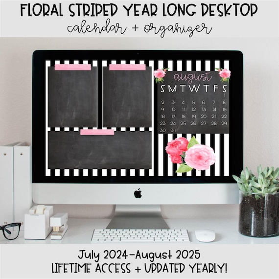 Floral Striped Desktop Wallpaper Calendar | 2024-25 Calendar, Organizer, Desktop Calendar, Wallpaper, Floral Calendar,Digital Calendar