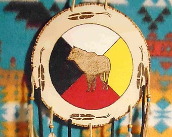 Native American Authentic Wooden Wall Hnaging W/ Painted Medicine Wheel & Burned Wolf, Feathers