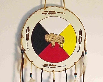 Native American Authentic Wooden Wall Hanging W/ Painted Medicine Wheel & Burned Bison