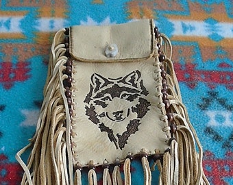 Native American Authentic Beige Deerskin Leather Tobacco Bag W/ Burned Wolf Face